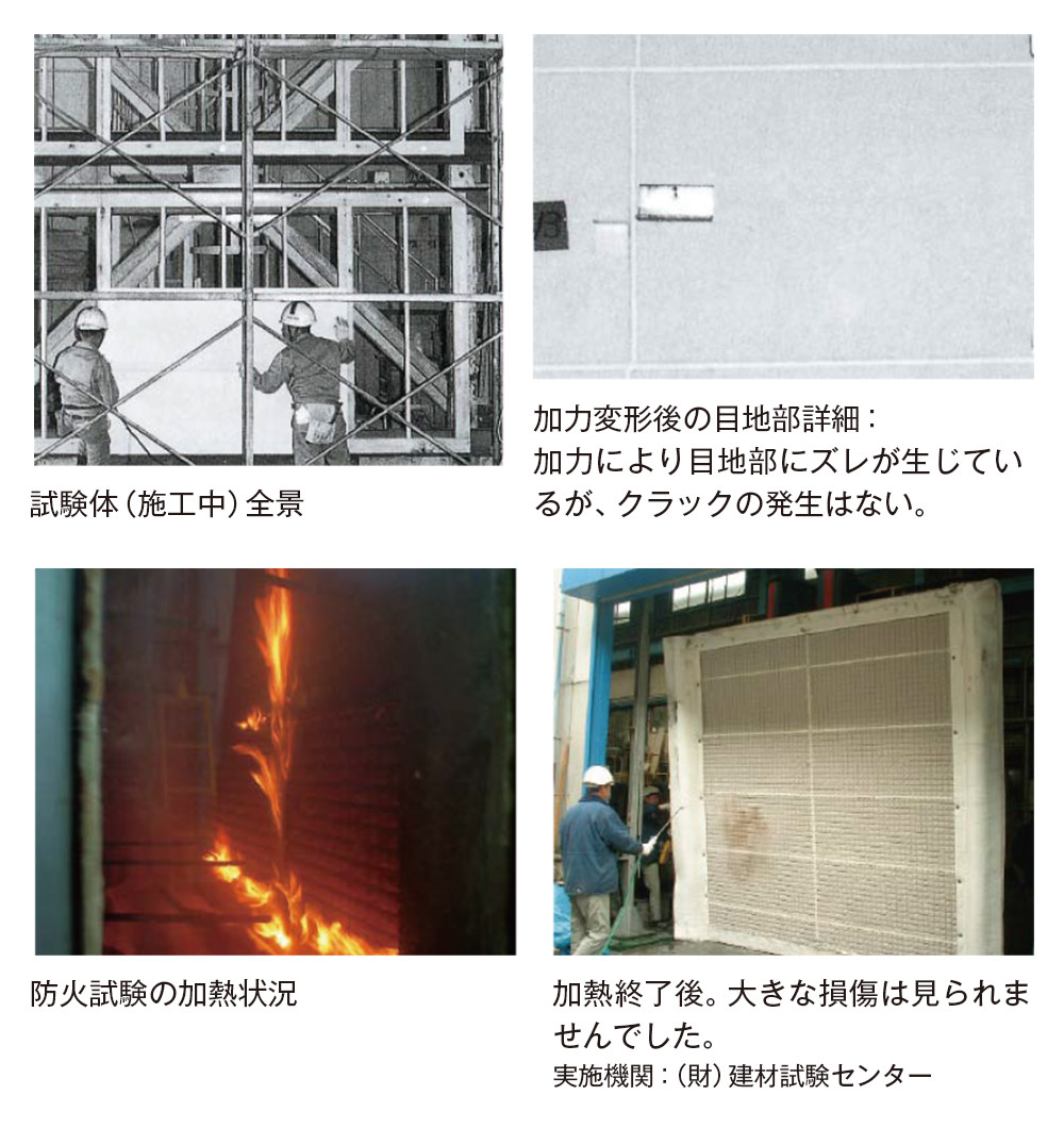 写真：（左上）試験体（施行中）全景（右上）加力変形後の目的部詳細：加力により目地部にズレが生じているが、クラックの発生はない。（左下）防火試験の加熱状況（右下）加熱終了後。大きな損傷は見られませんでした。実施機関：（財）建材試験センター