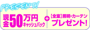 現金50万円キャッシュバック+【全室】照明・カーテン プレゼント！