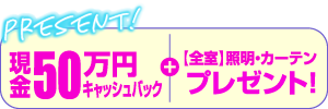 現金50万円キャッシュバック+【全室】照明・カーテン プレゼント！
