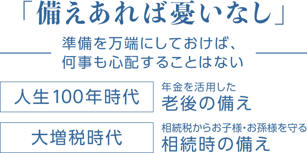 「備えあれば憂いなし」準備を万端にしておけば、何事も心配することはない「人生100年時代」年金を活用した老後の備え「大増税時代」相続税からお子様・お孫様を守る相続時の備え